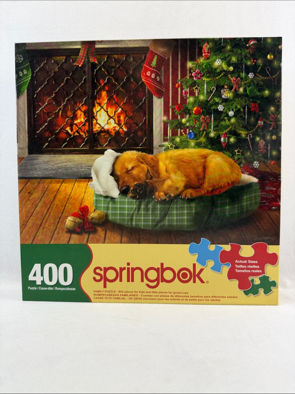 Holiday Dog Puzzle featuring Sleeping Puppy in Green Bed - Picture 4 of 7